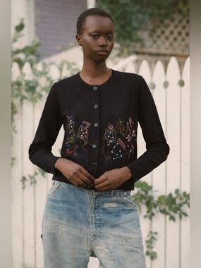 KARIN STEVENS | Black Embroidered Crewneck Blazer 80s 90s